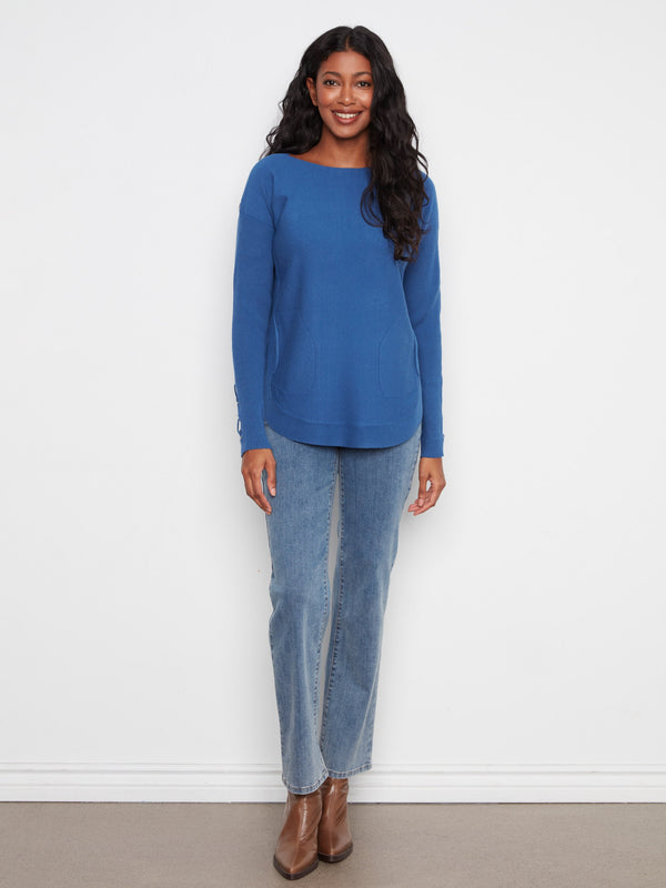 Knit Sweater With Lace-Up Cuffs - Cobalt