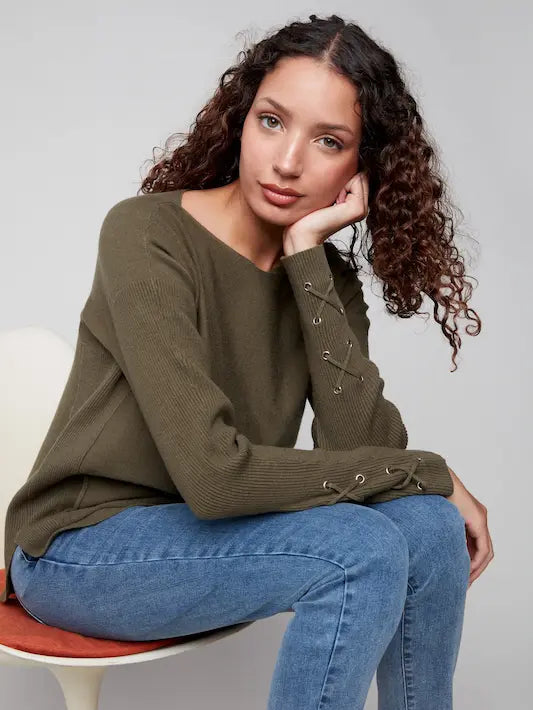 Knit Sweater With Lace-Up Cuffs - Spruce