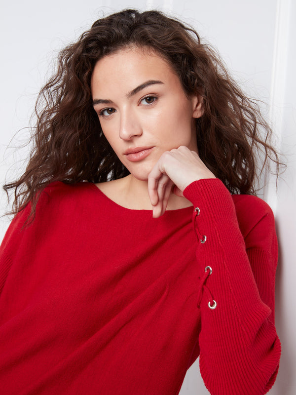 Knit Sweater With Lace-Up Cuffs - Equestrian