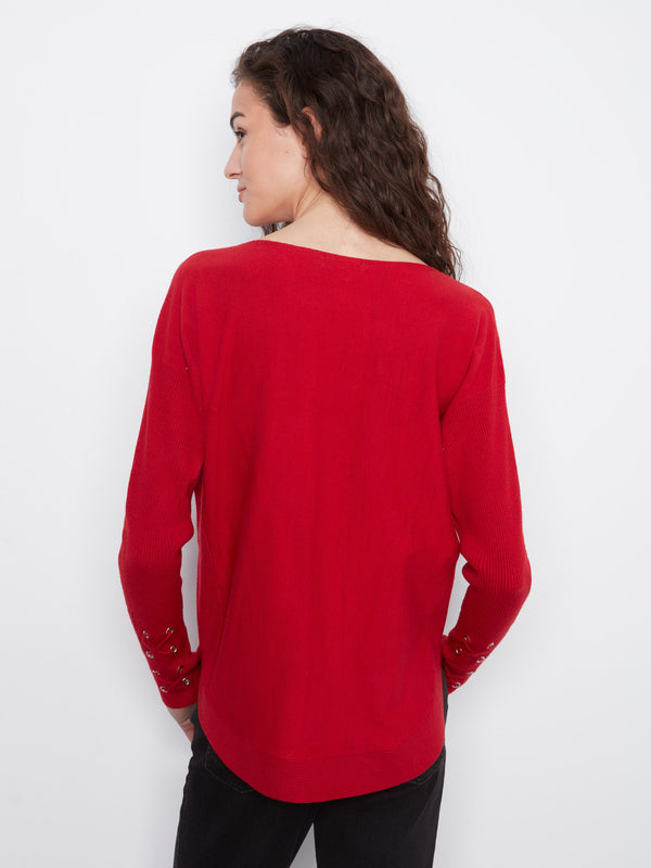 Knit Sweater With Lace-Up Cuffs - Equestrian