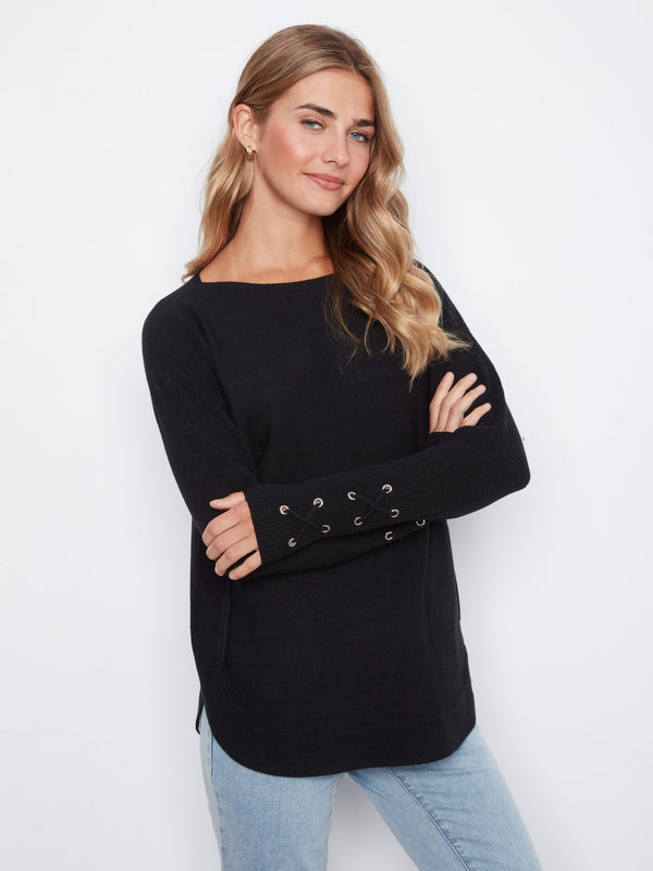 Knit Sweater With Lace-Up Cuffs - Black