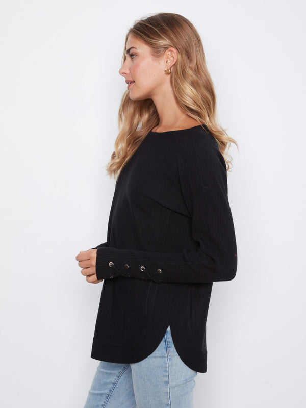 Knit Sweater With Lace-Up Cuffs - Black