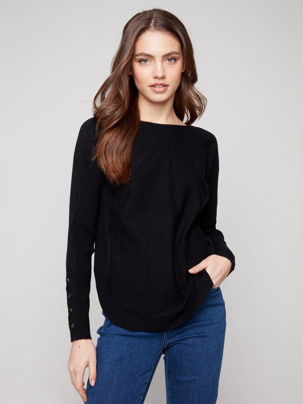 Knit Sweater With Lace-Up Cuffs - Black