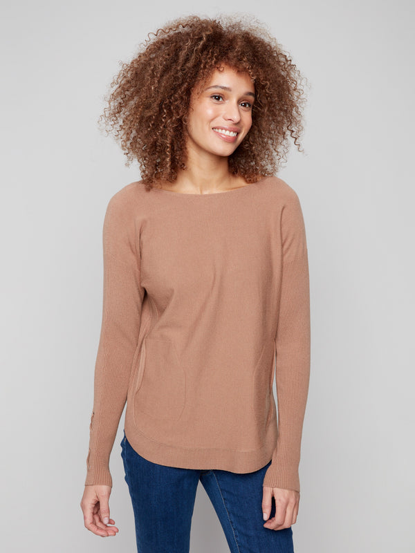 Knit sweater featuring a stylish boat neck and cozy design, perfect for any casual outing by Charlie B.