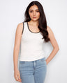 White tank top with a scoop neckline, featuring elegant sleeveless design and crochet accents for a stylish look by Charlie B.