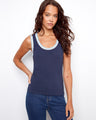 Navy tank top featuring intricate crochet detailing enhancing its sleeveless design, perfect for any occasion by Charlie B.