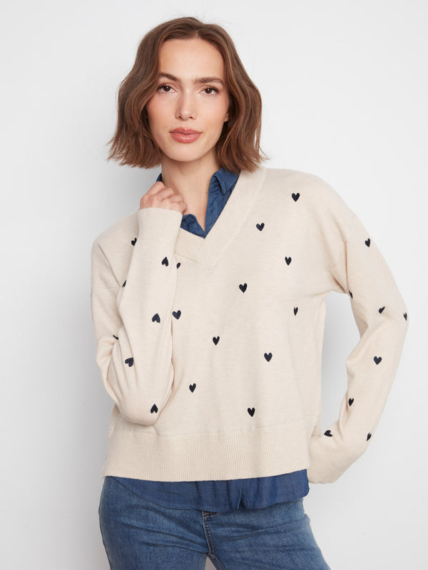 Layered Shirt Sweater With Embroidered Hearts - Heather Oat