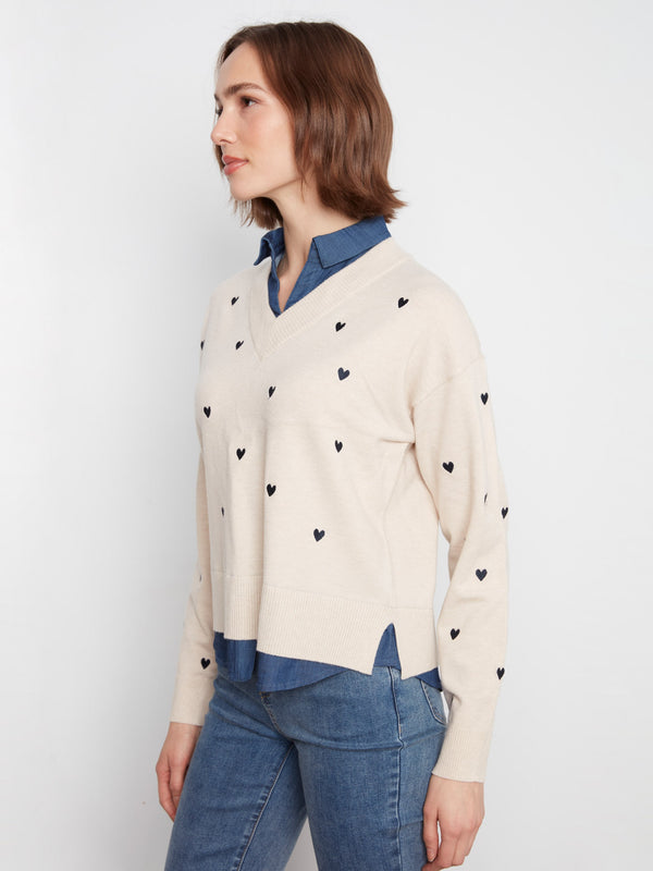 Layered Shirt Sweater With Embroidered Hearts - Heather Oat