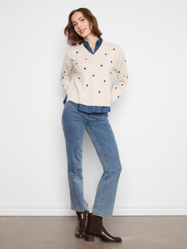 Layered Shirt Sweater With Embroidered Hearts - Heather Oat