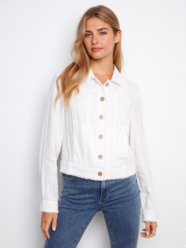 Chic white jacket showcasing frayed edges and a modern design. A must-have addition to your collection by Charlie B.