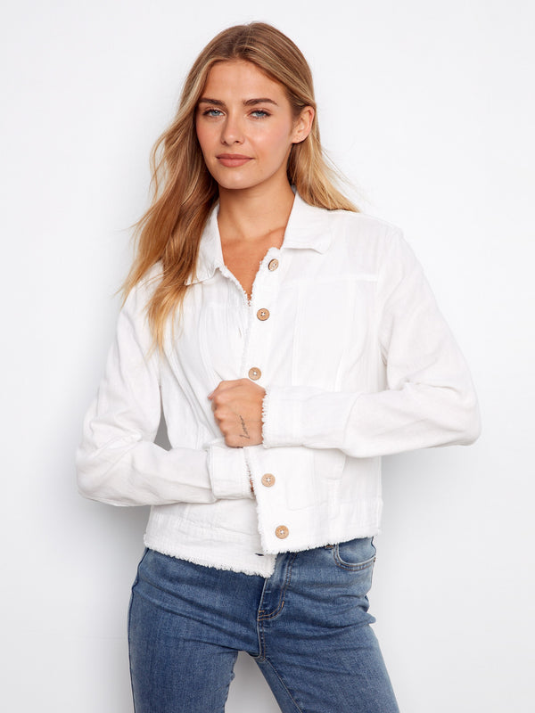 Trendy white jacket featuring short length and practical front pockets for convenience. Perfect for any occasion by Charlie B.