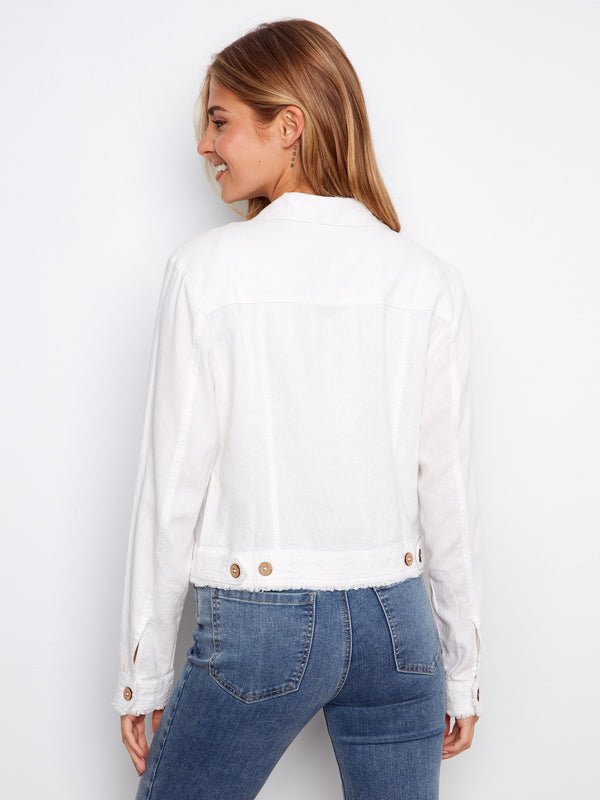 Sophisticated white jacket designed with attention to detail including button accents at the back hemline by Charlie B.
