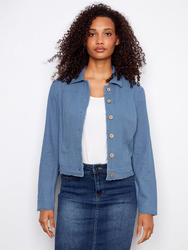 This stylish jacket features a short length design, perfect for casual outings. The denim fabric adds a trendy touch by Charlie B.