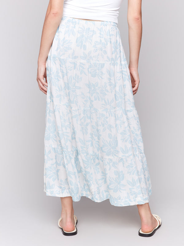Drawstring waist floral maxi skirt with tiered layers by Charlie B.