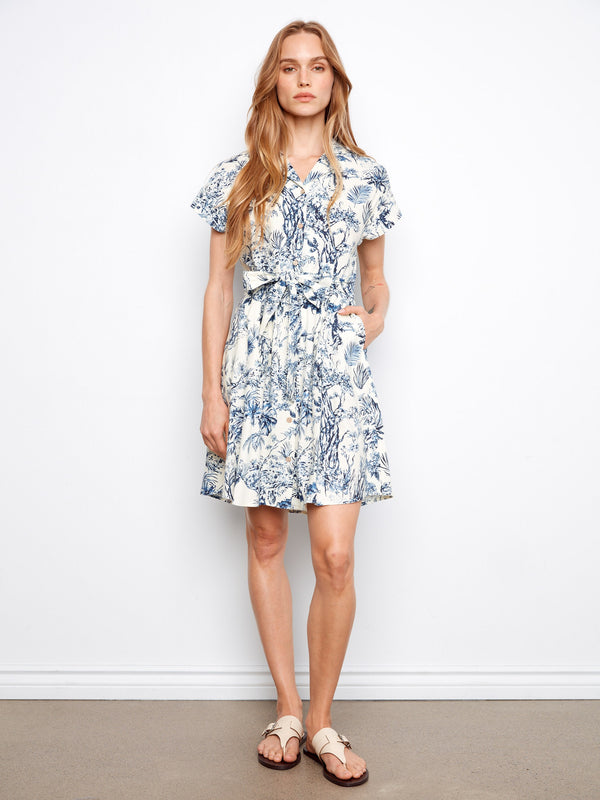 Linen-blend dress featuring a classic shirt collar and blue floral print, perfect for summer outings by Charlie B.