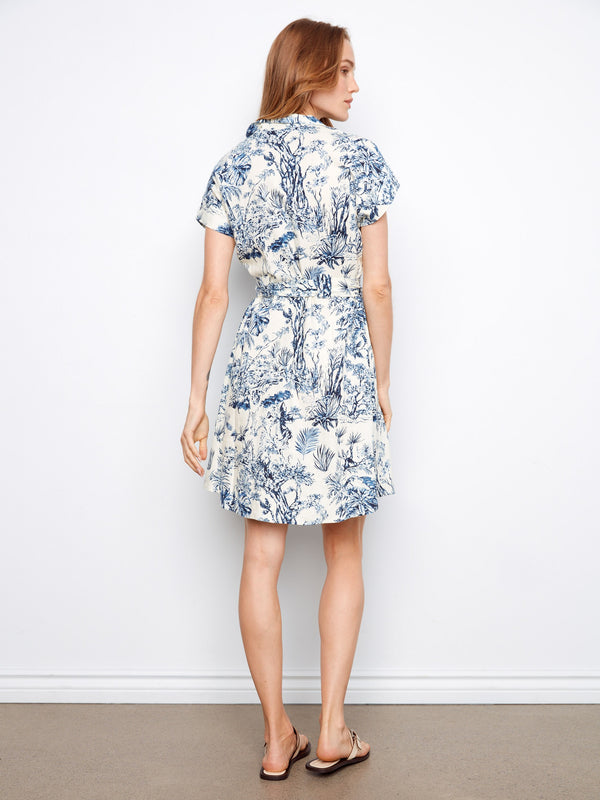 Linen Blend Short Sleeve Button-Front Dress - Versailles