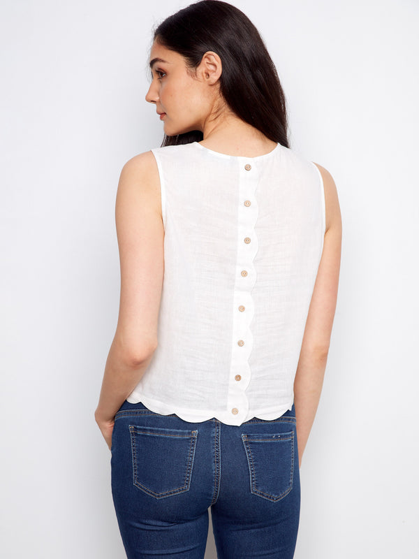 Linen Blend Sleeveless Scalloped Top - White