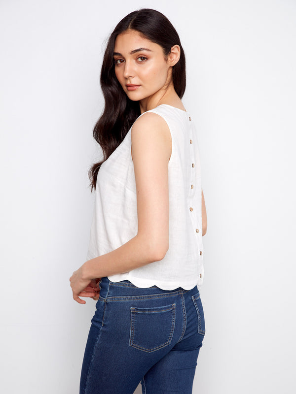 Linen Blend Sleeveless Scalloped Top - White