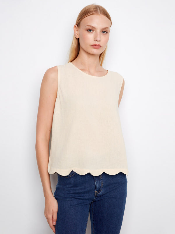 Linen Blend Sleeveless Scalloped Top - Fog