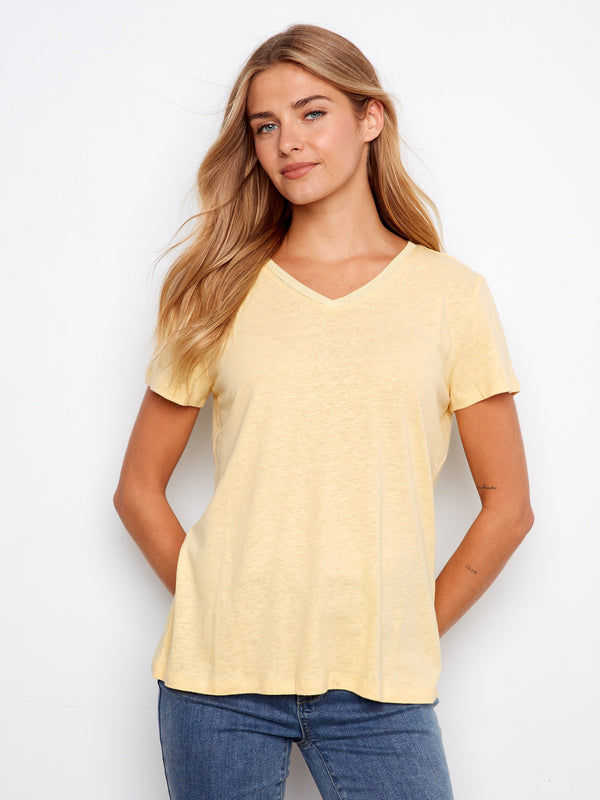 Linen Blend V-Neck T-Shirt - Sunshine