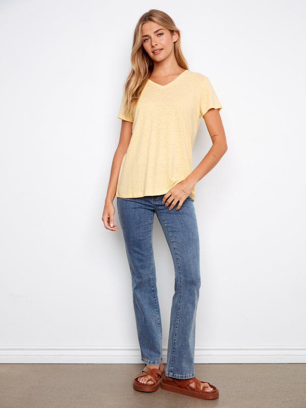 Linen Blend V-Neck T-Shirt - Sunshine