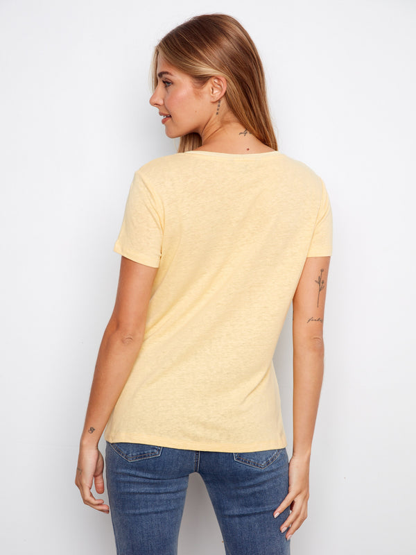 Linen Blend V-Neck T-Shirt - Sunshine