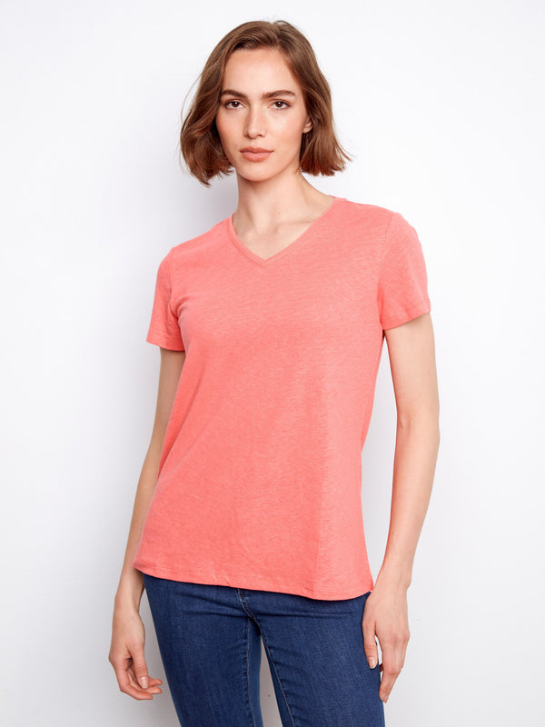 Linen Blend V-Neck T-Shirt - Sorbet