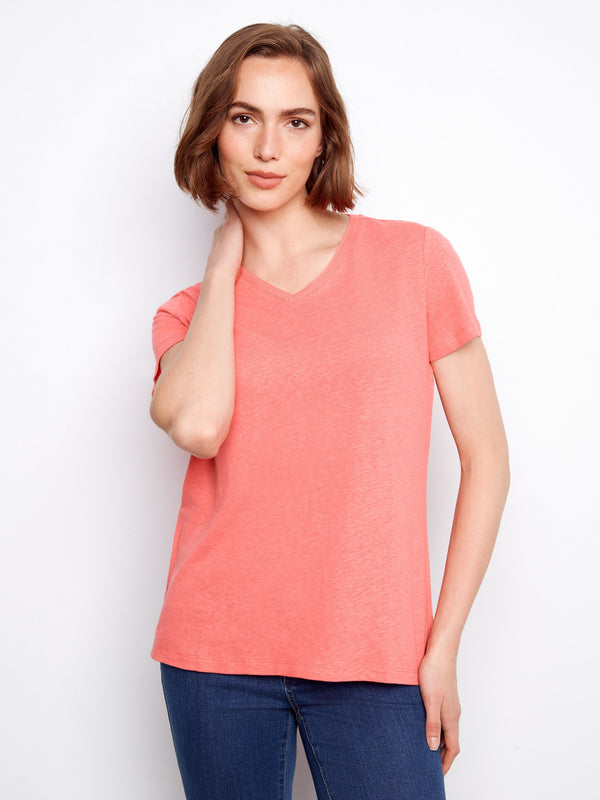 Linen Blend V-Neck T-Shirt - Sorbet