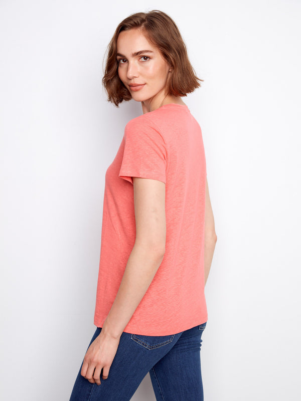 Linen Blend V-Neck T-Shirt - Sorbet