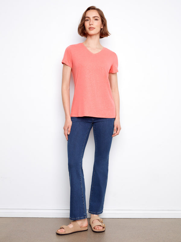 Linen Blend V-Neck T-Shirt - Sorbet