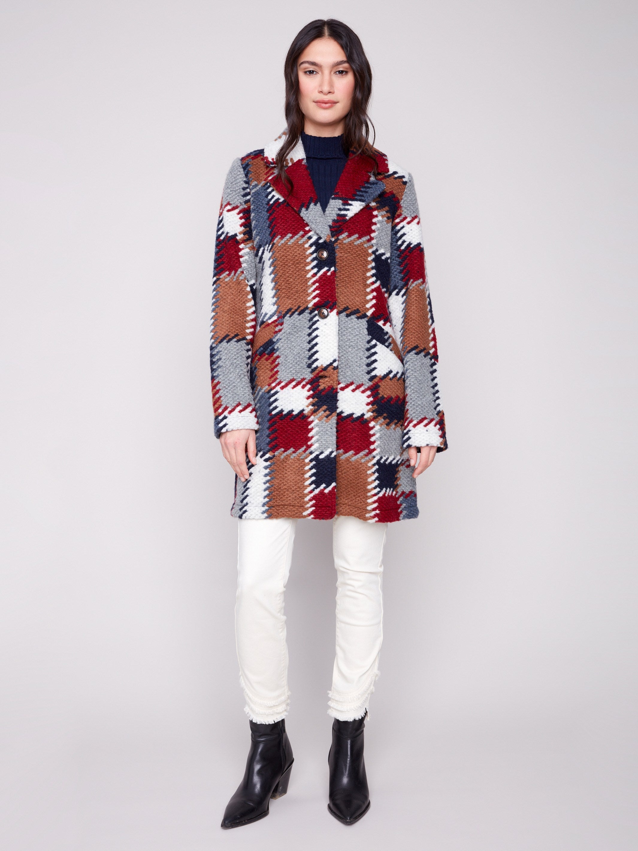 Stylish crochet coat featuring button closure and a dynamic plaid pattern for versatile wear by Charlie B.