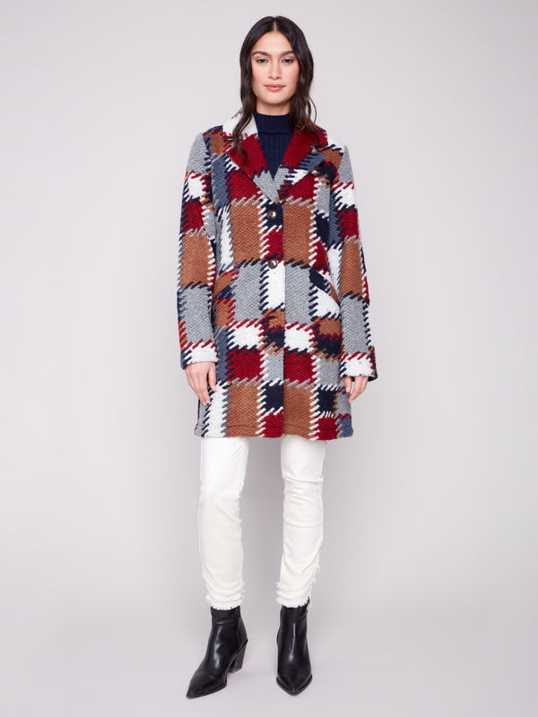 Stylish crochet coat featuring button closure and a dynamic plaid pattern for versatile wear by Charlie B.