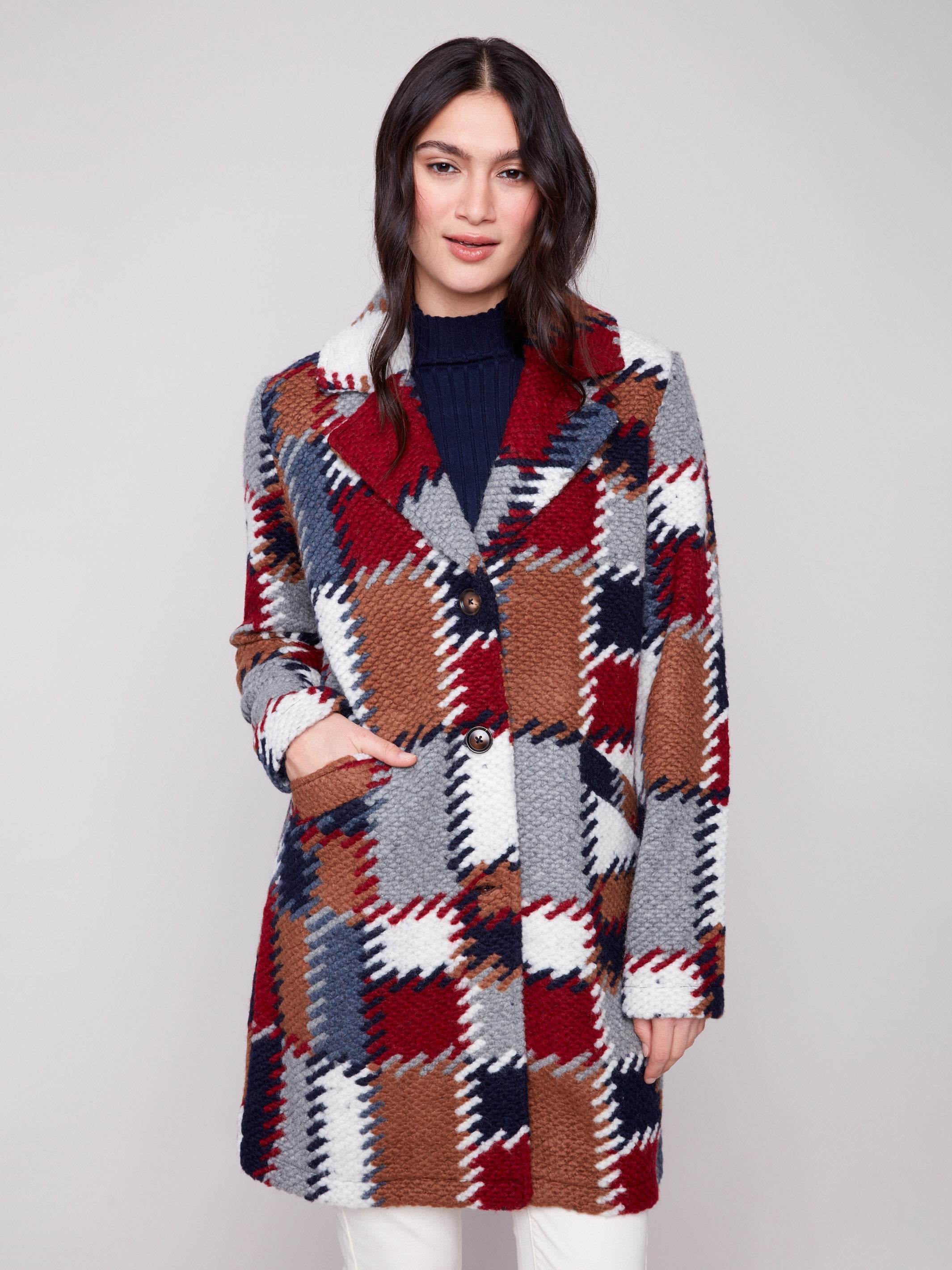 Plaid crochet coat with welt pockets on front, perfect for practical and chic styling by Charlie B.