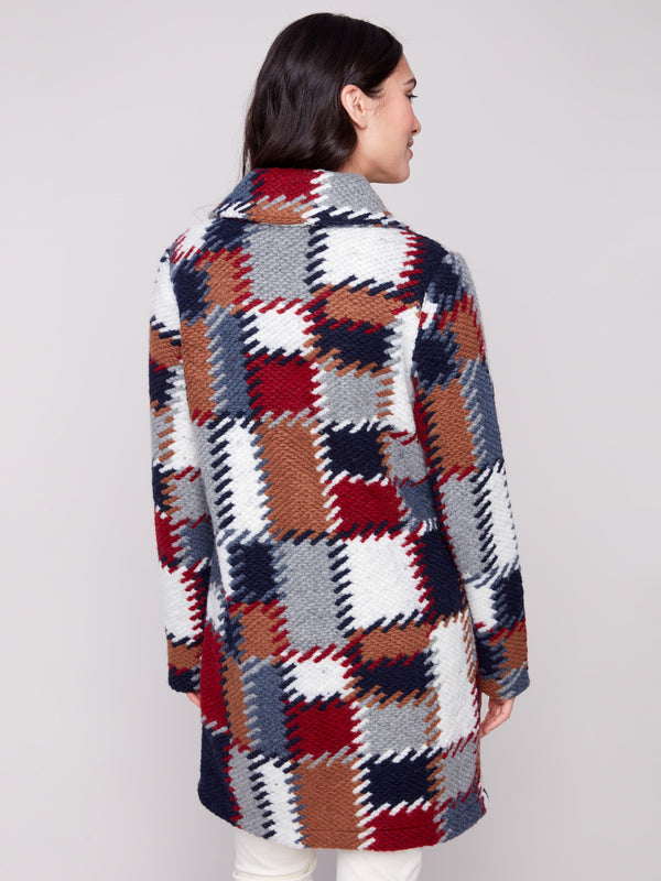 Unlined crochet coat in vibrant plaid, offering lightweight comfort and style for any season by Charlie B.