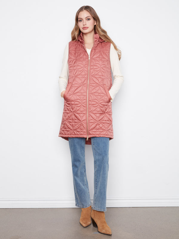 Long Hooded Puffer Vest - Rosebud