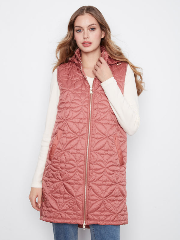 Long Hooded Puffer Vest - Rosebud