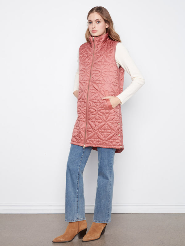 Long Hooded Puffer Vest - Rosebud