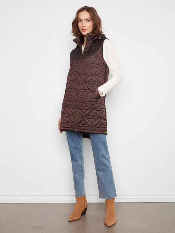 Long Hooded Puffer Vest - Mocha