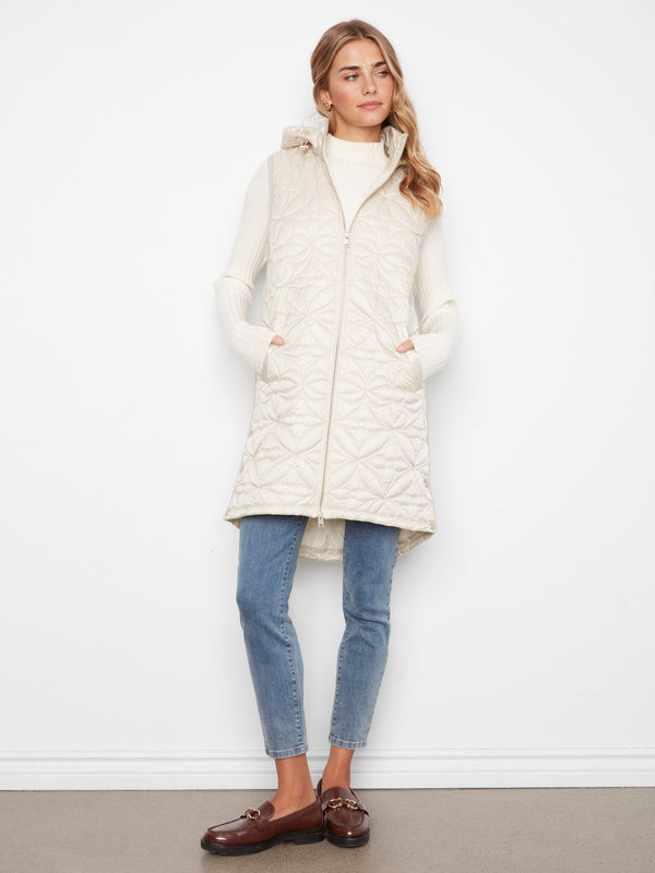 Long Hooded Puffer Vest - Pearl