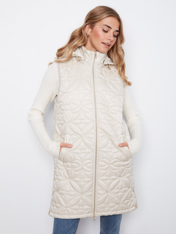 Long Hooded Puffer Vest - Pearl