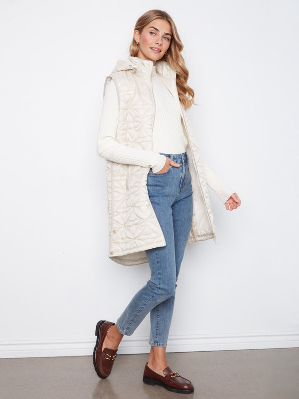 Long Hooded Puffer Vest - Pearl