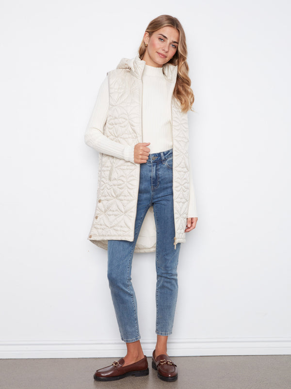 Long Hooded Puffer Vest - Pearl