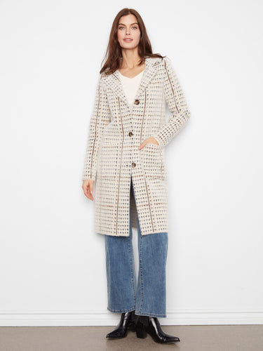 Plaid knit coatigan with a notched collar and button closure, offering a sophisticated style by Charlie B.