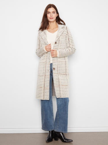 Stylish plaid knit coatigan featuring front patch pockets for added convenience by Charlie B.