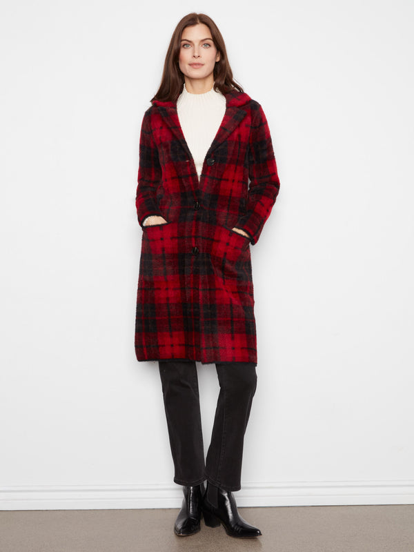 Long Plaid Knit Coatigan - Cranberry