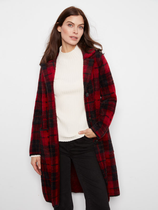 Long Plaid Knit Coatigan - Cranberry