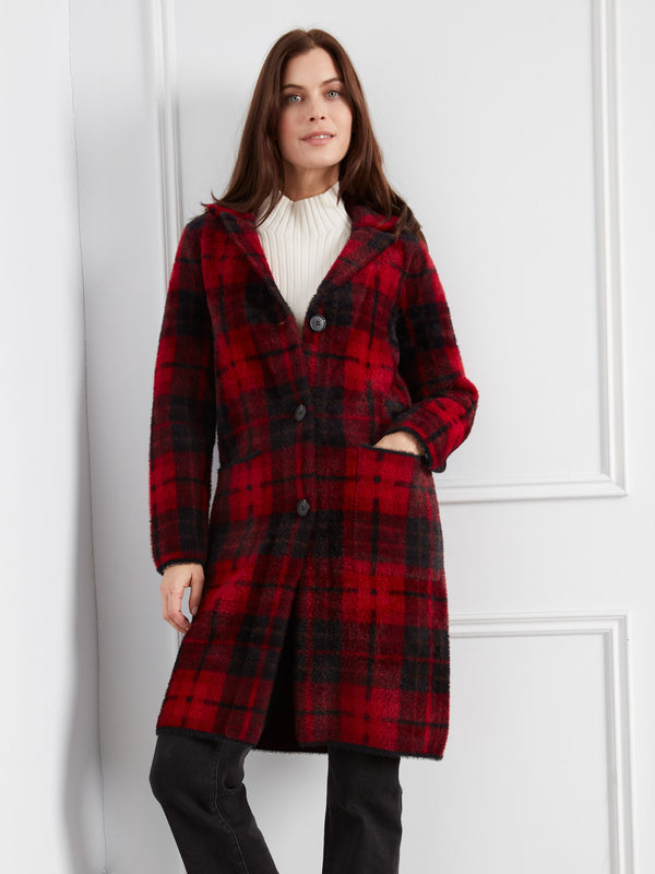 Long Plaid Knit Coatigan - Cranberry