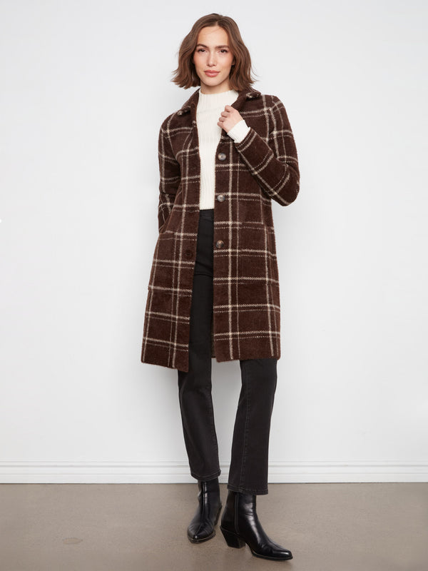 Long Plaid Knit Coatigan - Chocolate