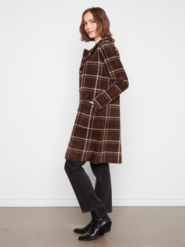 Long Plaid Knit Coatigan - Chocolate