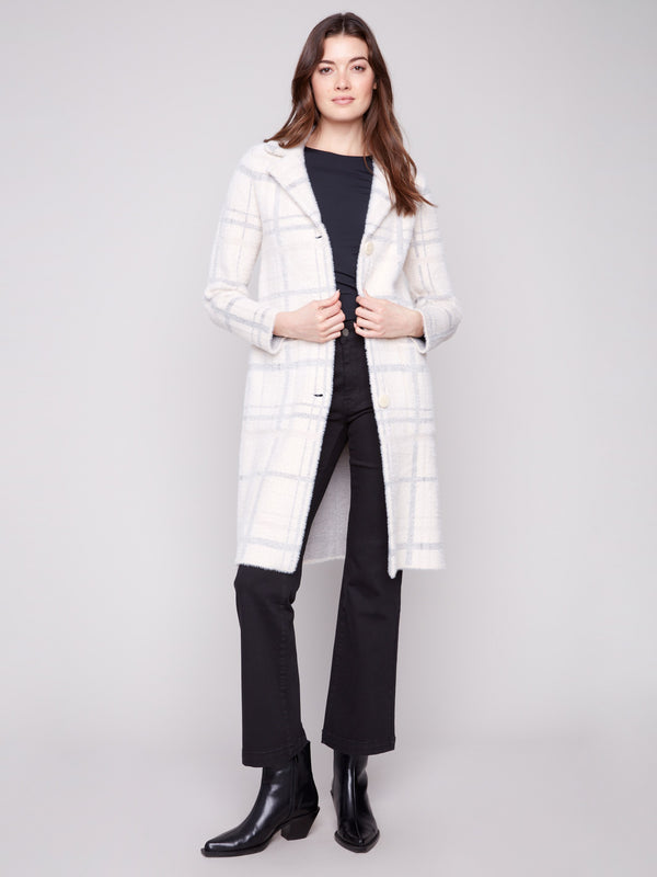 Ivory plaid coatigan featuring a stylish button front closure, perfect for layering in cooler weather by Charlie B.
